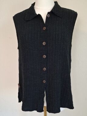Animale Lagenlook Linen Blend Ribbed Sleeveless Button Down Collared Tunic Top